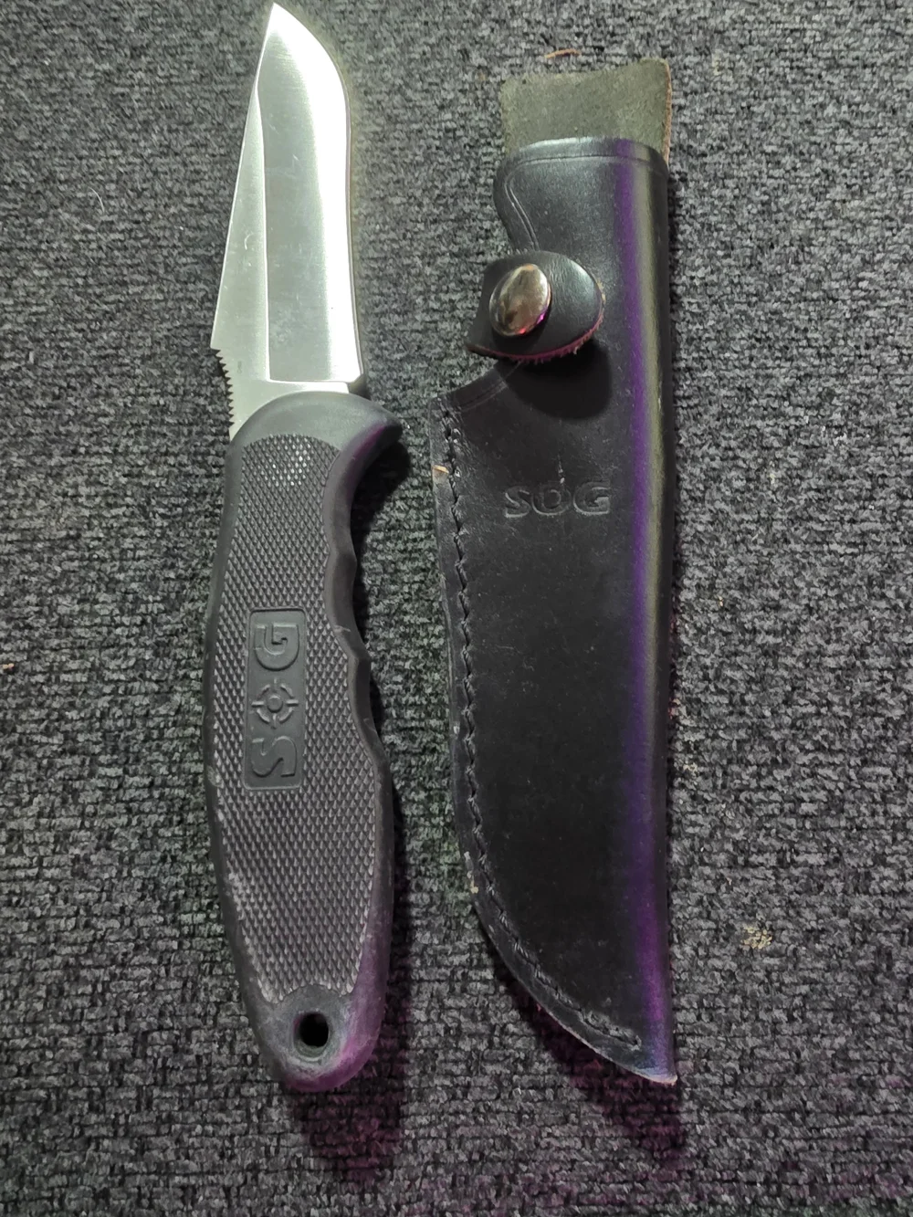SOG Field Pup II Fixed Blade Knife in Black with Black Leather Sheath